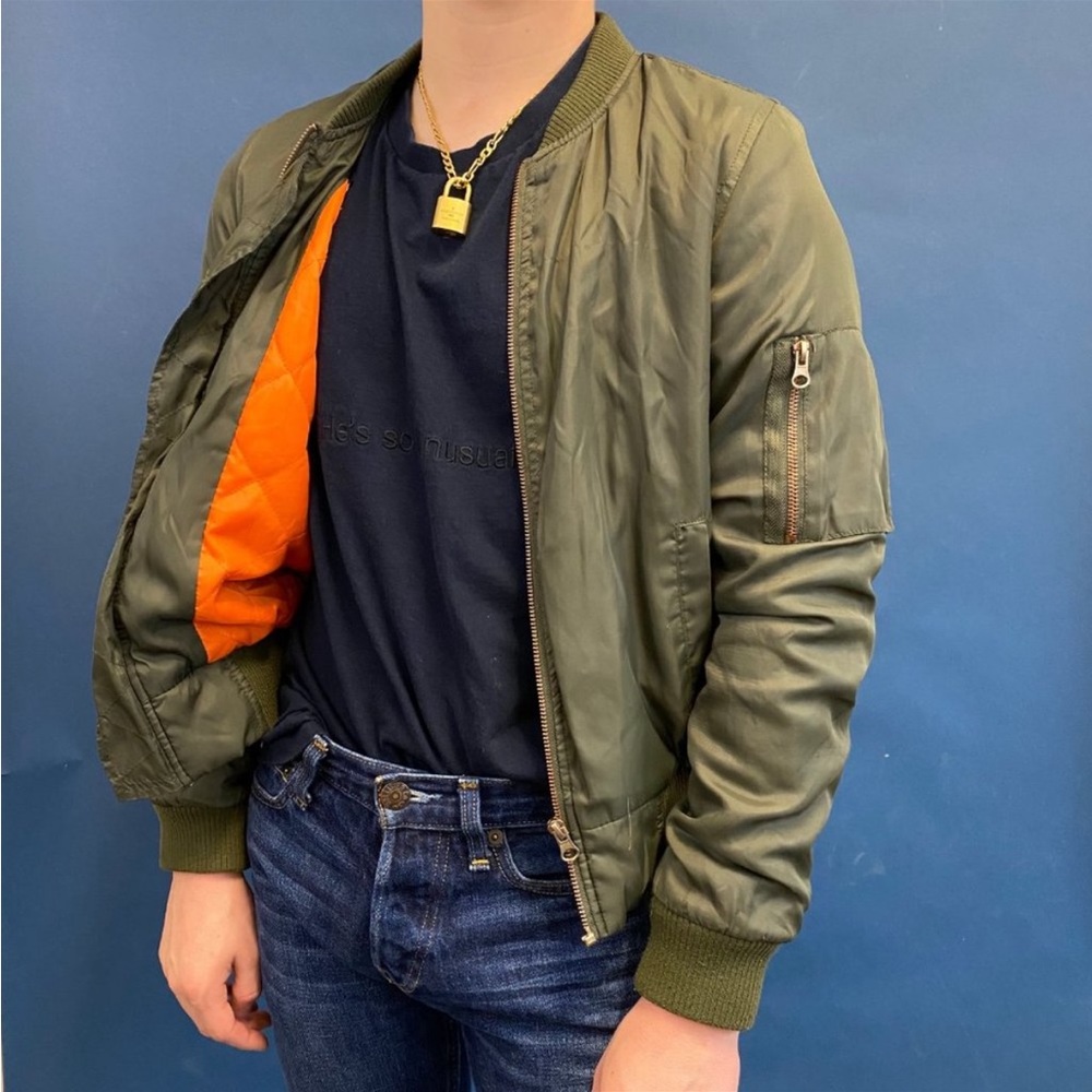 IRIS satin bomber army green khaki flight jacket L runs small fits like US 6